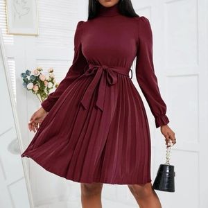 SHEIN Frenchy Turtleneck Flounce Sleeve Pleated Hem Belted Dress
